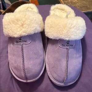 BearPaw Lavender Suede Slippers with Cream Lining